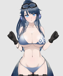 Rule 34 | 1girl, absurdres, alternate costume, animal ears, arknights, astgenne (arknights), baron kinoko, bikini, bird ears, black gloves, black thighhighs, blue bikini, blue eyes, blue hair, blush, breasts, bright pupils, cleavage, cowboy shot, diamond-shaped pupils, diamond (shape), embarrassed, furrowed brow, gloves, goggles, goggles on head, grey background, groin, halterneck, highres, large breasts, long hair, looking at viewer, micro bikini, navel, parted lips, ponytail, rhine lab logo, sidelocks, simple background, solo, standing, stomach, string bikini, sweatdrop, swimsuit, symbol-shaped pupils, thigh gap, thighhighs, white pupils, wristband