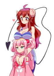 Rule 34 | 2girls, age difference, aged down, ahoge, blush, breast rest, breasts, breasts on head, brown eyes, brown hair, chiyoda momo, cleavage, demon girl, demon horns, demon tail, expressive tail, heart, highres, hiroshix31, horns, long hair, machikado mazoku, magical girl, multiple girls, onee-loli, open mouth, pink hair, simple background, size difference, tail, time paradox, white background, yoshida yuuko (machikado mazoku), yuri