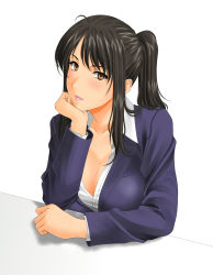 Rule 34 | 1girl, bad id, bad pixiv id, black hair, blush, breasts, brown eyes, cleavage, head rest, highres, large breasts, long hair, muryuuin tayun, office lady, original, ponytail, simple background, smile, solo, white background
