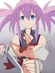 Rule 34 | 1girl, bare shoulders, blue eyes, dress, elbow gloves, fingerless gloves, gloves, knife, long hair, open mouth, pink hair, presea combatir, tales of (series), tales of symphonia, twintails, weapon