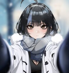 Rule 34 | 1girl, ahoge, black gloves, black hair, black shirt, blue hair, blunt bangs, blurry, blurry background, breasts, brown eyes, cleavage, closed mouth, coat, earclip, enpera, expressionless, fur-trimmed coat, fur trim, gloves, grey scarf, hands on another&#039;s cheeks, hands on another&#039;s face, highres, irene (kanniiepan), kanniiepan, medium breasts, meme, mole, mole on breast, mole under eye, multicolored hair, open clothes, open coat, original, pov, pov cheek warming (meme), scarf, shirt, solo, streaked hair, white coat
