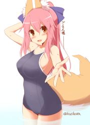 Rule 34 | 10s, 1girl, :d, animal ears, arm up, armpits, bare shoulders, blush, breasts, brown eyes, commentary request, fang, fate/extra, fate (series), female focus, fox ears, fox tail, hair ribbon, kurikara, large breasts, long hair, one-piece swimsuit, open mouth, pink hair, ponytail, reaching, reaching towards viewer, ribbon, sideboob, simple background, smile, solo, swimsuit, tail, tamamo (fate), tamamo no mae (fate/extra), translated, twitter username, white background