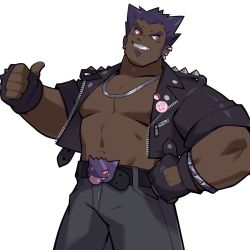 Rule 34 | 1boy, bag, bara, bare pectorals, clefairy, commentary, creatures (company), cropped jacket, dark skin, dark-skinned male, dizdoodz, ear piercing, english commentary, facial hair, fingerless gloves, game freak, gen 1 pokemon, gengar, gloves, goatee, grey bag, grey pants, highres, jacket, jewelry, large pectorals, male focus, multiple boys, muscular, muscular male, necklace, nintendo, nipples, open clothes, open jacket, pants, pectorals, personification, piercing, pink eyes, pokemon, short hair, short sleeves, shorts, shoulder bag, sideburns, smile, socks, solo, spiked hair, stomach, teeth, thumbs up, zipper