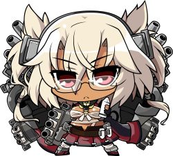 Rule 34 | &gt;:&lt;, 10s, 1girl, :&lt;, absurdres, blonde hair, breasts, cannon, chibi, closed mouth, commentary, dark skin, dark-skinned female, full body, glasses, hair between eyes, hairband, headgear, highres, holding, kantai collection, machinery, musashi (kancolle), nakkinya, red eyes, rimless eyewear, sarashi, solo, standing, transparent background, v-shaped eyebrows