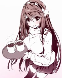 Rule 34 | 10s, 1girl, :d, alternate costume, black eyes, black hair, black thighhighs, blush, coffee, hair ornament, hairband, haruna (kancolle), headgear, ichikawa noa, kantai collection, long hair, looking at viewer, monochrome, open mouth, skirt, smile, solo, sweater, thighhighs, tray
