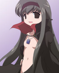 Rule 34 | 00s, 1girl, black hair, borrowed character, breasts, buchou, cape, empty eyes, fictional persona, jewelry, long hair, mahoraba, necklace, open clothes, open mouth, open shirt, shirt, simple background, small breasts, solo