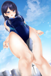 Rule 34 | 1girl, absurdres, alicemagic, bad id, bad pixiv id, between thighs, black hair, blue eyes, blue one-piece swimsuit, blush, breasts, building, city, competition swimsuit, crushing, destruction, fingernails, giant, giantess, gridman universe, highres, knees together feet apart, long hair, looking down, medium breasts, one-piece swimsuit, open mouth, outdoors, power lines, saliva, sidelocks, size difference, skindentation, solo, ssss.gridman, standing, swimsuit, takarada rikka, thighs, tongue, underbust, upper body