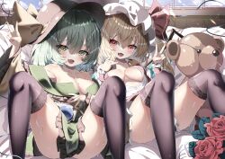Rule 34 | 2girls, absurdres, bed, black headwear, blonde hair, blush, bow, breasts, commentary request, dfra, eyeball, fang, fangs, flandre scarlet, flower, frilled shirt collar, frilled sleeves, frills, green hair, green skirt, hat, hat bow, hat ribbon, heart, heart-shaped pupils, highres, indoors, komeiji koishi, lace, lace-trimmed legwear, lace trim, light particles, looking at viewer, medium breasts, medium hair, mob cap, multiple girls, off shoulder, on bed, open clothes, open shirt, partially unbuttoned, pillow, reclining, red eyes, red flower, red rose, ribbon, rose, side ponytail, skin fang, skirt, spread legs, string, stuffed animal, stuffed toy, sweat, symbol-shaped pupils, teddy bear, thighhighs, third eye, touhou, v, wide sleeves, window, wings, wrist cuffs