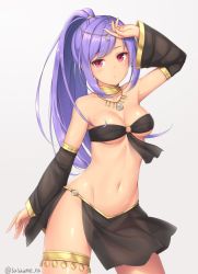 Rule 34 | 1girl, arm up, bandeau, bare shoulders, black panties, breasts, cleavage, closed mouth, collarbone, cowboy shot, detached sleeves, grey background, harem outfit, jewelry, long hair, looking at viewer, medium breasts, midriff, navel, neck ring, necklace, original, panties, ponytail, purple hair, revealing clothes, sasaame, see-through, simple background, solo, standing, stomach, thighs, underboob, underwear