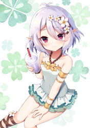 Rule 34 | 1girl, bangle, bare shoulders, blush, bracelet, bubble tea, closed mouth, collarbone, commentary request, covered navel, cup, disposable cup, drinking straw, feet out of frame, flower, green one-piece swimsuit, grey hair, hair between eyes, hair flower, hair ornament, hand on own leg, holding, holding cup, jewelry, knees together feet apart, kokkoro (princess connect!), kokkoro (summer) (princess connect!), looking at viewer, mauve, one-piece swimsuit, pink flower, pointy ears, princess connect!, red eyes, sitting, smile, solo, split mouth, swimsuit, twitter username, white background, white flower