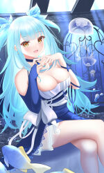 Rule 34 | 1girl, absurdres, air bubble, apron, aqua nails, azur lane, bare shoulders, blue apron, blue dress, blue hair, breasts, bridal gauntlets, bubble, cleavage, dress, finger heart, fish, halter dress, halterneck, highres, jellyfish, large breasts, long hair, looking at viewer, neptune (azur lane), neptune (nereid&#039;s invitation) (azur lane), official alternate costume, open mouth, single bridal gauntlet, sitting, solo, taut clothes, taut dress, tsuri pi, underwater, yellow eyes