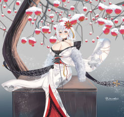 Rule 34 | 1girl, absurdres, alternate breast size, artist name, azur lane, back bow, bare shoulders, black choker, black gloves, black sash, blue eyes, blush, bow, breasts, cane, choker, cleavage, criss-cross halter, earrings, fangs, feather boa, flower, gloves, hair between eyes, hair flower, hair ornament, halterneck, highres, holding, holding cane, huge breasts, japanese clothes, jewelry, kimono, kimono dress, medium hair, off shoulder, official alternate costume, paundo2, red sash, sash, sitting, skin fangs, solo, tirpitz (azur lane), tirpitz (seasonal pine and the frost flower) (azur lane), tree, white hair, white kimono, wide sleeves
