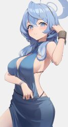 Rule 34 | 1girl, ako (blue archive), ako (dress) (blue archive), backless dress, backless outfit, blue archive, blue dress, blue eyes, blue hair, blue halo, blush, breasts, commentary, cuffs, dress, earrings, english commentary, grey background, hair between eyes, halo, handcuffs, highres, jewelry, large breasts, long hair, looking at viewer, official alternate costume, open mouth, reulem, sideboob, sleeveless, sleeveless dress, solo