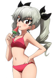 Rule 34 | 1girl, absurdres, anchovy (girls und panzer), bikini, black bow, blush, bow, breasts, cleavage, cowboy shot, curvy, floating hair, food, girls und panzer, groin, hair bow, hand on own hip, highres, holding, kanau, long hair, looking at viewer, medium breasts, navel, official art, popsicle, red bikini, red eyes, sideboob, silver hair, simple background, solo, standing, swimsuit, tongue, tongue out, twintails, watermelon bar, white background