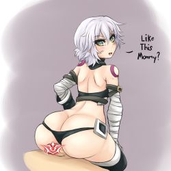 Rule 34 | 1boy, 1girl, ass, back, bandages, bare shoulders, black gloves, black thighhighs, blush, buttjob, censored, curvy, fate/grand order, fate (series), from behind, gloves, green eyes, grey background, has uncensored version, hetero, huge ass, jack the ripper (fate/apocrypha), logo, looking back, open mouth, penis, scar, short hair, silver hair, sitting, strapless, thighhighs, thong, tube top