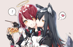 Rule 34 | :t, ?, amopui, animal ear fluff, animal ears, apple pie, arknights, bad id, bad pixiv id, black capelet, black gloves, black hair, capelet, closed mouth, commentary, crumbs, earrings, eating, exusiai (arknights), fingerless gloves, food, food on face, gloves, grey background, hair between eyes, halo, heart, highres, holding, holding food, jacket, jewelry, licking, licking another&#039;s face, long hair, motion lines, multicolored hair, orange eyes, pocky, purple background, red hair, short hair, simple background, spoken heart, spoken question mark, streaked hair, tail, tail wagging, texas (arknights), thought bubble, tongue, tongue out, twitter username, two-tone hair, upper body, white jacket, wolf ears, wolf tail, yuri