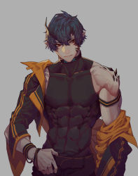 Rule 34 | 1boy, abs, arknights, belt, black belt, black hair, black jacket, black pants, black shirt, closed mouth, commentary request, eyes visible through hair, flamebringer (arknights), grey background, hair between eyes, highres, horns, jacket, jokerpang, looking to the side, male focus, multicolored clothes, multicolored jacket, muscular, muscular male, off shoulder, pants, pointy ears, red eyes, shirt, short hair, simple background, sleeveless, sleeveless shirt, solo, standing, turtleneck, two-tone jacket, upper body, veins, yellow jacket