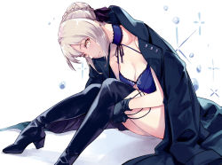 Rule 34 | 1girl, artoria pendragon (all), artoria pendragon (alter swimsuit rider) (fate), artoria pendragon (alter swimsuit rider) (third ascension) (fate), artoria pendragon (fate), bikini, bikini top only, bkko, black gloves, black jacket, black ribbon, blonde hair, boots, braid, breasts, cleavage, closed mouth, collar, commentary request, fate/grand order, fate (series), french braid, frilled bikini, frilled bikini top, frilled collar, frills, gloves, hair bun, jacket, open clothes, open jacket, panties, panty pull, ribbon, saber alter, single hair bun, swimsuit, thigh boots, thighhighs, underwear, white background, yellow eyes