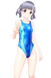 Rule 34 | 1girl, absurdres, black eyes, blue one-piece swimsuit, blunt bangs, breasts, clothes writing, collarbone, competition swimsuit, contrapposto, covered navel, cowboy shot, grey hair, highres, kantai collection, looking at viewer, one-piece swimsuit, ooshio (kancolle), short hair, simple background, small breasts, solo, standing, swimsuit, takafumi, twintails, v, white background