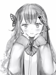 Rule 34 | 1girl, bad id, bad pixiv id, blush, bow, bowtie, braid, butterfly hair ornament, dot nose, greyscale, hair ornament, hands up, highres, hololive, long hair, long sleeves, looking at viewer, monochrome, nanashi (nlo), shirt, simple background, sleeves past wrists, smile, solo, uruha rushia, uruha rushia (school uniform), virtual youtuber, white background