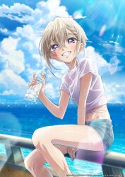 1girl absurdres artist_request bare_arms bare_legs between_legs blue_sky bottle cloud commentary_request cutoffs day earclip grey_hair grin hair_between_eyes hand_between_legs highres holding holding_bottle kimi_no_koto_ga_dai_dai_dai_dai_daisuki_na_100-nin_no_kanojo lens_flare light_blush looking_at_viewer midriff navel official_art on_railing outdoors plastic_bottle purple_eyes railing second-party_source shirt short_hair short_shorts short_sleeves shorts sitting sky smile solo sunlight sutou_iku t-shirt thick_eyebrows white_shirt