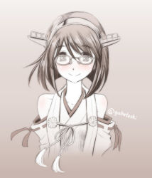 Rule 34 | 10s, 1girl, blush, detached sleeves, female focus, glasses, gradient background, grey background, headgear, kantai collection, kirishima (kancolle), looking at viewer, monochrome, nontraditional miko, short hair, sketch, smile, sogabe toshinori, solo, spot color, twitter username, upper body