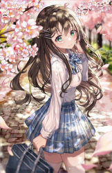 Rule 34 | 1girl, bag, blue bow, blue skirt, blush, bow, brown hair, cherry blossoms, collared shirt, from side, green eyes, highres, holding, holding bag, long hair, looking at viewer, m1yu, original, plaid, plaid skirt, school bag, school uniform, shirt, shirt tucked in, skirt, solo, spring (season), thighhighs, white shirt