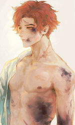 Rule 34 | 1boy, bad id, bad pixiv id, bare pectorals, bruise, bruise on face, bruised chest, changye, dress shirt, fire emblem, fire emblem: three houses, highres, injury, male focus, nintendo, off shoulder, orange eyes, orange hair, pectorals, red eyes, red hair, shirt, solo, sylvain jose gautier, upper body