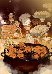 Rule 34 | 1girl, :d, apron, boiling, brown eyes, brown hair, brown theme, cauldron, checkered clothes, checkered shirt, chef hat, chopsticks, cooking, demizu posuka, food, food focus, hat, hat ornament, highres, holding, holding chopsticks, multiple others, open mouth, original, pastry, shirt, smile, standing, steam, tray