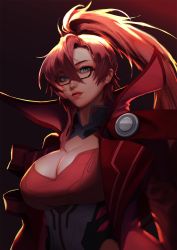 Rule 34 | 1girl, blue eyes, breasts, coat, glasses, hair between eyes, high ponytail, highres, labyrista, large breasts, long hair, looking at viewer, mmlyno, open clothes, open coat, princess connect!, red coat, red hair, solo, very long hair