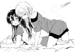 Rule 34 | 10s, 2girls, all fours, ayase eli, barefoot, bed sheet, blush, girl on top, greyscale, grin, hair between eyes, hair down, half-closed eyes, highres, lilylion26, long hair, looking at another, looking back, love live!, love live! school idol project, lying, monochrome, multiple girls, off shoulder, on stomach, open mouth, pillow, short sleeves, shorts, signature, smile, sonoda umi, yuri