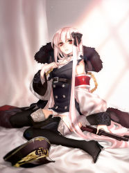 Rule 34 | 1girl, black footwear, black thighhighs, boots, choker, collarbone, cross-laced footwear, fur trim, girls&#039; frontline, gun, high heel boots, high heels, highres, kar98k (girls&#039; frontline), lace-up boots, long hair, looking at viewer, nazi, pink hair, red eyes, rifle, sitting, solo, spinel (9057), thigh boots, thighhighs, very long hair, wariza, weapon