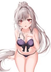 Rule 34 | 1girl, absurdres, azur lane, bikini, breasts, cleavage, commentary request, dunkerque (azur lane), dunkerque (summer sucre) (azur lane), front-tie bikini top, front-tie top, grey hair, haedalmyo, halterneck, highres, large breasts, long hair, looking at viewer, official alternate costume, open mouth, ponytail, purple bikini, red eyes, simple background, swimsuit, thigh gap, very long hair, white background