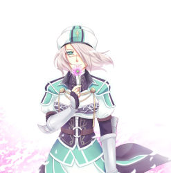 Rule 34 | 1girl, armor, bad id, bad pixiv id, blonde hair, breastplate, cowboy shot, emma honeywell, floating hair, flower, holding, looking at viewer, mature female, scar, short hair, shoulder pads, simple background, solo, souchi, the last remnant, white background, wind