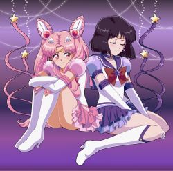 Rule 34 | 2girls, between legs, bishoujo senshi sailor moon, bishoujo senshi sailor moon stars, black hair, boots, bow, bowtie, brooch, chibi usa, circlet, closed eyes, cone hair bun, crossed arms, double bun, earrings, full body, hair bun, hand between legs, high heel boots, high heels, highres, jewelry, knee boots, layered skirt, leg up, long hair, looking to the side, miniskirt, moon-realm, multiple girls, pink hair, pink sailor collar, pink skirt, purple background, purple sailor collar, purple skirt, red bow, red eyes, red neckwear, sailor chibi moon, sailor collar, sailor saturn, shirt, short hair, short sleeves, sitting, skirt, smile, star (symbol), star brooch, star earrings, wariza, white footwear, white shirt