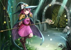 Rule 34 | 1girl, arms behind back, bad id, bad pixiv id, blush, fingerless gloves, fireflies, gloves, hat, highres, jastersin21, long hair, looking at viewer, original, pink eyes, pink hair, roana cromwel, skull, smile, solo, staff, witch hat