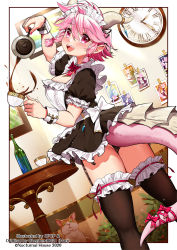 Rule 34 | 1girl, apron, black thighhighs, blush, bottle, bow, bowtie, breasts, cat, clock, commentary, cpcp360, crystal, cup, decantering, dragon girl, dragon horns, dragon tail, english commentary, frilled apron, frilled thighhighs, frills, hair bow, hair ribbon, highres, holding, holding teapot, horn ornament, horns, light particles, looking at viewer, maid, maid apron, maid headdress, original, panties, photo (object), pointy ears, portrait (object), pouring, puffy sleeves, red bow, red bowtie, red ribbon, ribbon, sharp teeth, shepherd0821, short hair, sidelocks, skirt, smile, solo, sparkle, table, tail, tail bow, tail ornament, tail ribbon, tea, teacup, teapot, teeth, thighhighs, underwear, waist apron, white hair, wrist cuffs