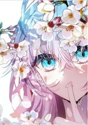 Rule 34 | 1girl, blush, cover, cover page, douluo dalu, falling petals, finger to mouth, flower, hair flower, hair ornament, hei zhi shi, highres, long hair, multicolored eyes, multicolored hair, official art, open mouth, petals, portrait, solo, tang wutong (douluo dalu), third-party source, wet, white background