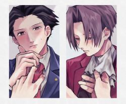 Rule 34 | 2boys, 480 (y0ha m00n), ace attorney, ascot, black hair, blush, brown eyes, grey hair, hair slicked back, hand up, looking to the side, male focus, miles edgeworth, multiple boys, necktie, necktie grab, neckwear grab, panels, parted bangs, phoenix wright, shading, sweat, yaoi
