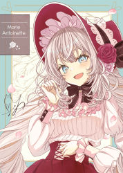 Rule 34 | 1girl, absurdres, adjusting hair, blue eyes, blush, bonnet, breasts, character name, cherry blossoms, dress, eyelashes, fate/grand order, fate (series), flower, frilled sleeves, frills, twirling hair, headpiece, highres, little red riding hood, long hair, long sleeves, looking at viewer, marie antoinette (fate), medium breasts, official alternate costume, open mouth, parted lips, petals, puffy long sleeves, puffy sleeves, signature, solo, totomiya