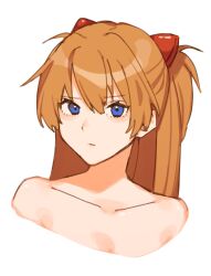 Rule 34 | 1girl, bare shoulders, blue eyes, close-up, collarbone, commentary, completely nude, cropped torso, expressionless, hair between eyes, highres, interface headset, long hair, looking at viewer, neon genesis evangelion, nude, portrait, red hair, simple background, solo, souryuu asuka langley, takekinoko, white background