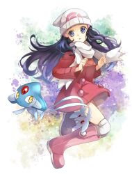 Rule 34 | 1girl, azelf, beanie, black hair, boots, buttons, clenched hands, coat, commentary request, creatures (company), dawn (pokemon), eyelashes, full body, game freak, gen 4 pokemon, grey eyes, hair ornament, hairclip, hands up, hat, legendary pokemon, long hair, long sleeves, nintendo, over-kneehighs, parted lips, pink footwear, pokemon, pokemon (creature), pokemon dppt, pokemon platinum, red coat, scarf, sidelocks, thighhighs, white headwear, white scarf, yomogi (black-elf)