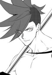Rule 34 | 1boy, bae (baebae), galo thymos, gloves, greyscale, halftone, highres, holding, holding polearm, holding weapon, male focus, monochrome, polearm, portrait, promare, red pupils, solo, spiked hair, spot color, weapon