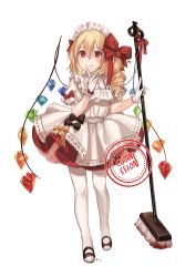 Rule 34 | 1girl, absurdres, alternate costume, apron, black bow, black footwear, blonde hair, blood, blouse, blush, bow, broom, commentary, commission, crystal, drill hair, english commentary, enmaided, flandre scarlet, full body, gloves, grin, hair between eyes, hair bow, hands up, highres, holding, holding broom, laevatein, long hair, looking up, maid, maid apron, maid headdress, mary janes, no headwear, one side up, pantyhose, petticoat, puffy short sleeves, puffy sleeves, red bow, red eyes, red skirt, shan, shirt, shoes, short sleeves, simple background, skirt, slit pupils, smile, solo, standing, touhou, white apron, white background, white gloves, white pantyhose, white shirt, wings, yellow bow