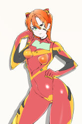 Rule 34 | 1girl, alternate eye color, artist request, bodysuit, breasts, brown hair, curvy, eyepatch, green eyes, hand on own hip, highres, interface headset, long hair, looking at viewer, medium breasts, neon genesis evangelion, plugsuit, red bodysuit, shiny clothes, solo, souryuu asuka langley, standing, very long hair, wide hips