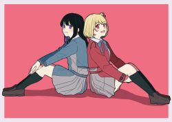 2girls back-to-back bad_id bad_twitter_id belt black_hair black_socks blonde_hair blue_belt blue_dress blue_ribbon bob_cut border closed_mouth commentary_request dress full_body grey_dress hair_ribbon highres hugging_own_legs inoue_takina kneehighs knees_up kuro_gomaa loafers long_hair long_sleeves looking_at_viewer lycoris_recoil lycoris_uniform multiple_girls neck_ribbon nishikigi_chisato one_side_up open_mouth pink_background pleated_dress purple_eyes red_belt red_dress red_eyes red_ribbon ribbon shoes short_hair simple_background smile socks two-tone_dress white_border