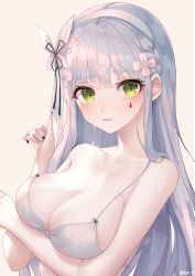 Rule 34 | 1girl, absurdres, bare arms, bare shoulders, bikini, black nails, braid, breast hold, breasts, cleavage, closed mouth, collarbone, commission, facial mark, girls&#039; frontline, green eyes, grey bikini, hair ornament, hairband, hand up, highres, hk416 (girls&#039; frontline), hk416 (starry cocoon) (girls&#039; frontline), ien 4, large breasts, long hair, looking at viewer, nail polish, official alternate costume, sidelocks, silver hair, simple background, solo, strap slip, string bikini, swimsuit, upper body