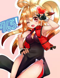 Rule 34 | 1girl, ahoge, animal ears, bare shoulders, blonde hair, blush, breasts, china dress, chinese clothes, colorized, dress, fingerless gloves, fox ears, gloves, long hair, looking at viewer, medium breasts, multicolored hair, nagare, namco, namco x capcom, one eye closed, open mouth, pelvic curtain, ponytail, project x zone, red eyes, smile, solo, super robot wars, super robot wars og saga mugen no frontier, two-tone hair, vest, xiaomu