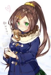 Rule 34 | &gt;:&gt;, 1girl, :&gt;, bad id, bad pixiv id, blue coat, blush, coat, coffee cup, cup, disposable cup, duffel coat, green eyes, green skirt, haiba 09, hair ornament, hair scrunchie, hairclip, heart, holding, holding cup, long hair, looking at viewer, original, pleated skirt, ponytail, scrunchie, sketch, skirt, smile, solo, upper body, v-shaped eyebrows, x hair ornament