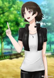 Rule 34 | 1girl, artist name, artist request, black jacket, black pants, blue sky, blurry, blurry background, blush, braid, braided hairband, branch, breasts, brown hair, cloud, collarbone, collared jacket, cropped jacket, crown braid, day, denim, female focus, floating hair, hairband, high collar, jacket, jeans, jewelry, lace, lace-trimmed legwear, lace trim, leather, leather jacket, leather pants, looking at viewer, medium breasts, necklace, niijima makoto, outdoors, pants, persona, persona 5, persona 5 scramble: the phantom strikers, red eyes, shirt, shirt under jacket, short hair, short sleeves, sky, solo, t-shirt, teeth, tree, white shirt